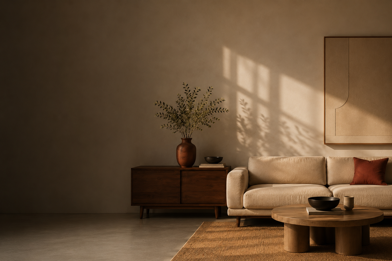 A serene interior with terracotta vessels, linen, and warm wood